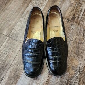 Bruno Magli Womens Black Leather Croc Embossed Slip On Shoes SZ 7.5 Italy Preppy